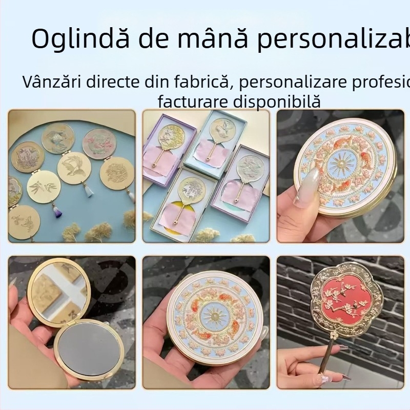Oglindă metalică pentru machiaj - portabilă, personalizată în stil antic cultural-creative, suvenir muzeal