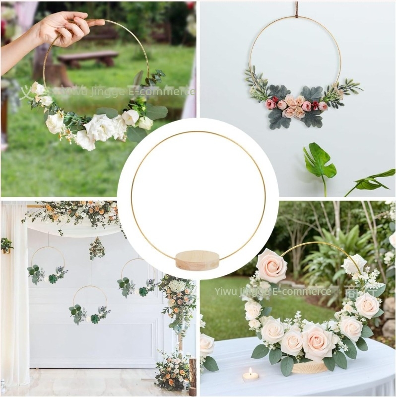 Inel rotund din fier cu bază din lemn — decor pentru nuntă, ghirlandă lucrată manual pentru masă, 30 cm