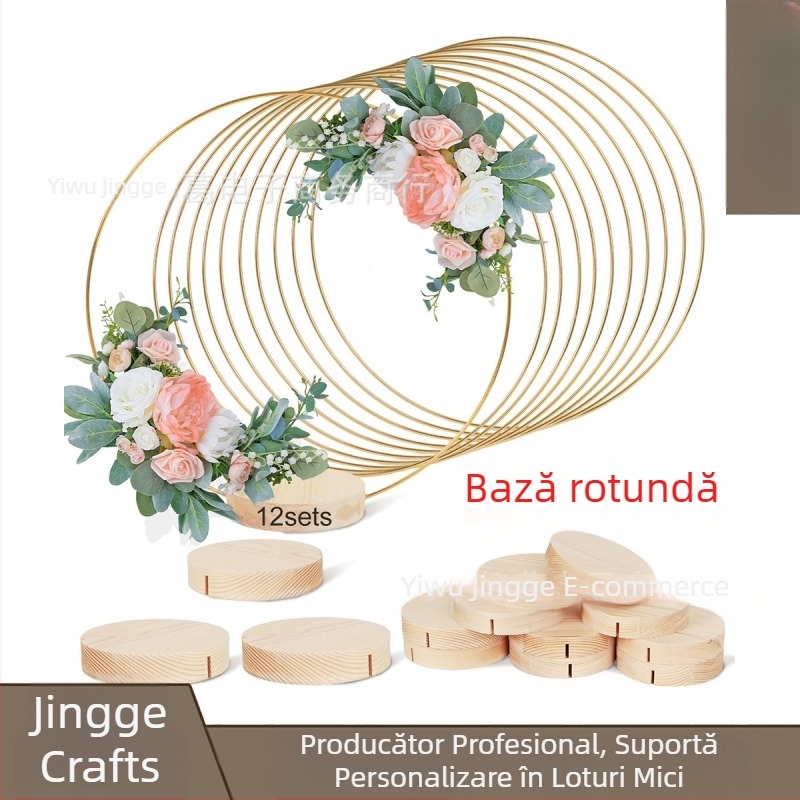 Inel rotund din fier cu bază din lemn — decor pentru nuntă, ghirlandă lucrată manual pentru masă, 30 cm