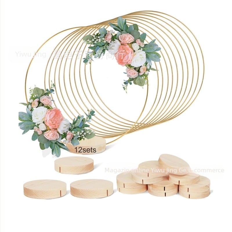 Inel rotund din fier cu bază din lemn — decor pentru nuntă, ghirlandă lucrată manual pentru masă, 30 cm