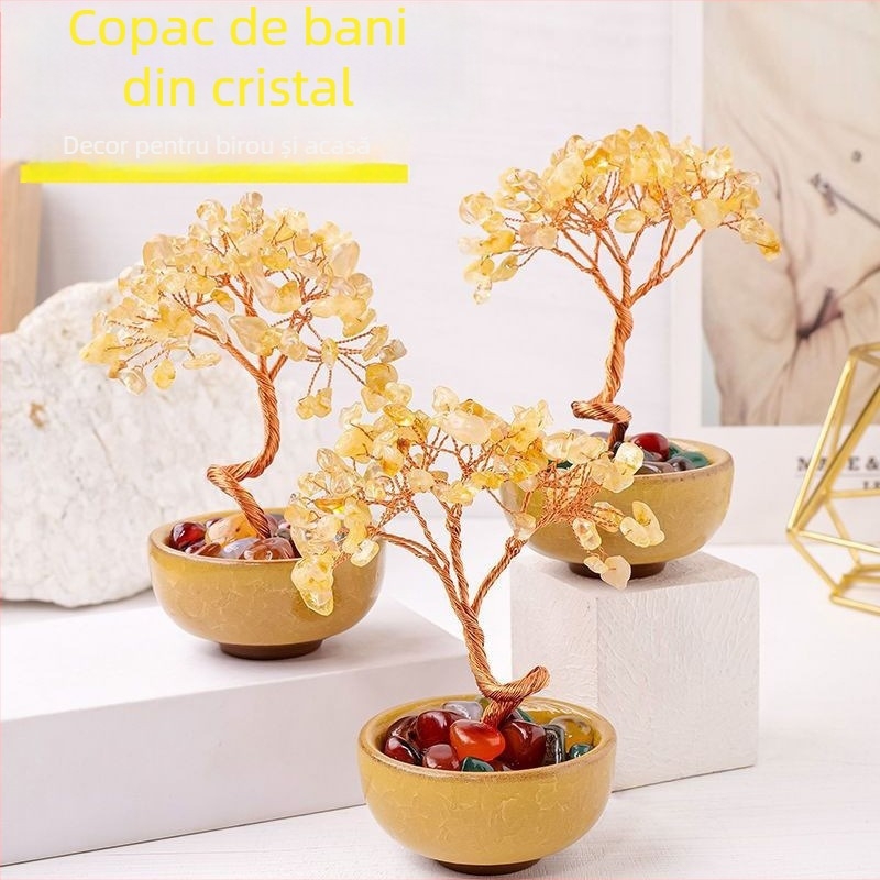 Arborele banilor din cristal natural cu accente de agată și citrin – decor de interior din cristal