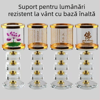 Candelabru din piatră de cristal, design artistic, rezistent la vânt, cu mantra a Marei Milostivități și lampă de unt în formă de inimă cu lotus – decor transparent