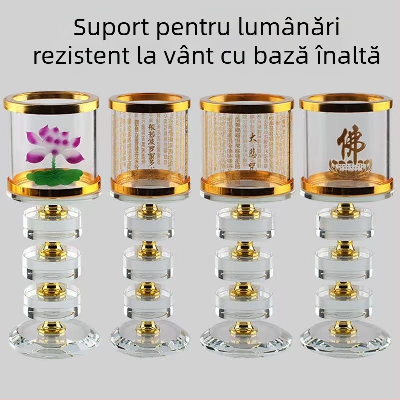 Candelabru din piatră de cristal, design artistic, rezistent la vânt, cu mantra a Marei Milostivități și lampă de unt în formă de inimă cu lotus – decor transparent