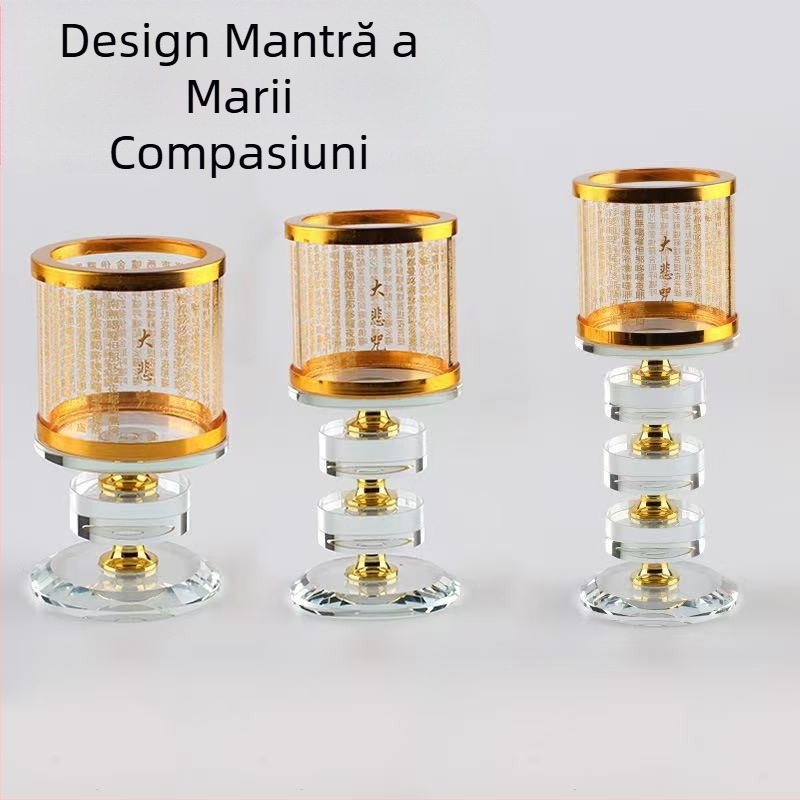 Candelabru din piatră de cristal, design artistic, rezistent la vânt, cu mantra a Marei Milostivități și lampă de unt în formă de inimă cu lotus – decor transparent