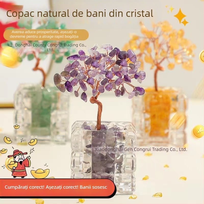 Arbore din cristal de citrin natural, cu bază din sticlă – ornament de birou pentru noroc