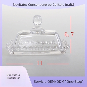 Vas de unt din sticlă, pătrat, cu capac, margine perlată; cutie de depozitare pentru bijuterii și brânză