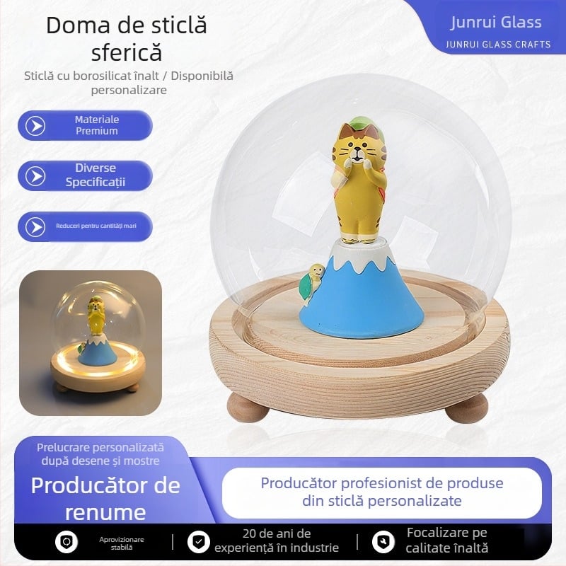 Cuplă din sticlă de borosilicat înalt pentru figurina cu floare veșnică – capac rotund de afișare, protecție împotriva prafului, cupolă sferică din sticlă personalizabilă