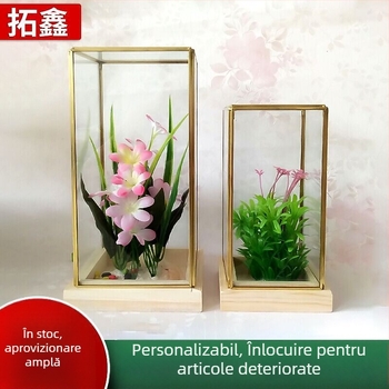 Terrarium din sticlă cu patru laturi, pe bază de lemn, capac anti-praf pentru flori păstrate, obiect decorativ artistic