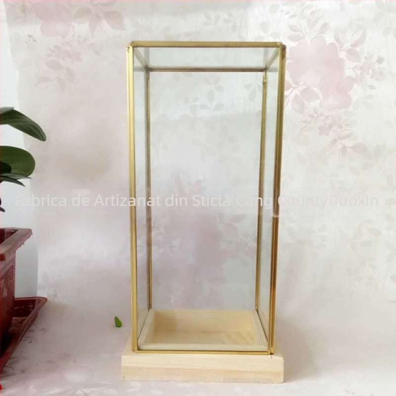 Terrarium din sticlă cu patru laturi, pe bază de lemn, capac anti-praf pentru flori păstrate, obiect decorativ artistic