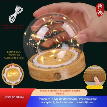 Casă de expunere din sticlă alimentată prin USB, cu întrerupător lateral, pentru flori uscate sau veșnice, sub capac de sticlă