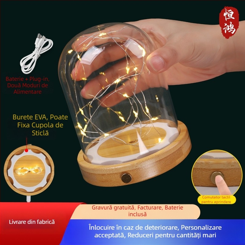 Casă de expunere din sticlă alimentată prin USB, cu întrerupător lateral, pentru flori uscate sau veșnice, sub capac de sticlă