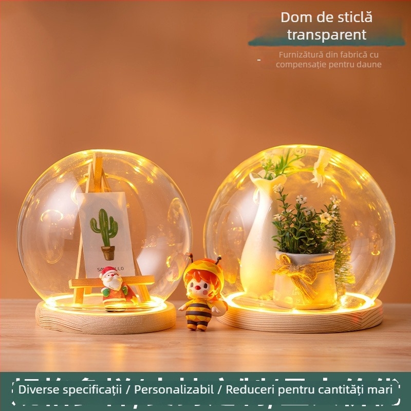 Lampa de noapte din sticlă cu cupolă sferică, floare păstrată sub bază iluminată, vitrină transparentă și protecție împotriva prafului