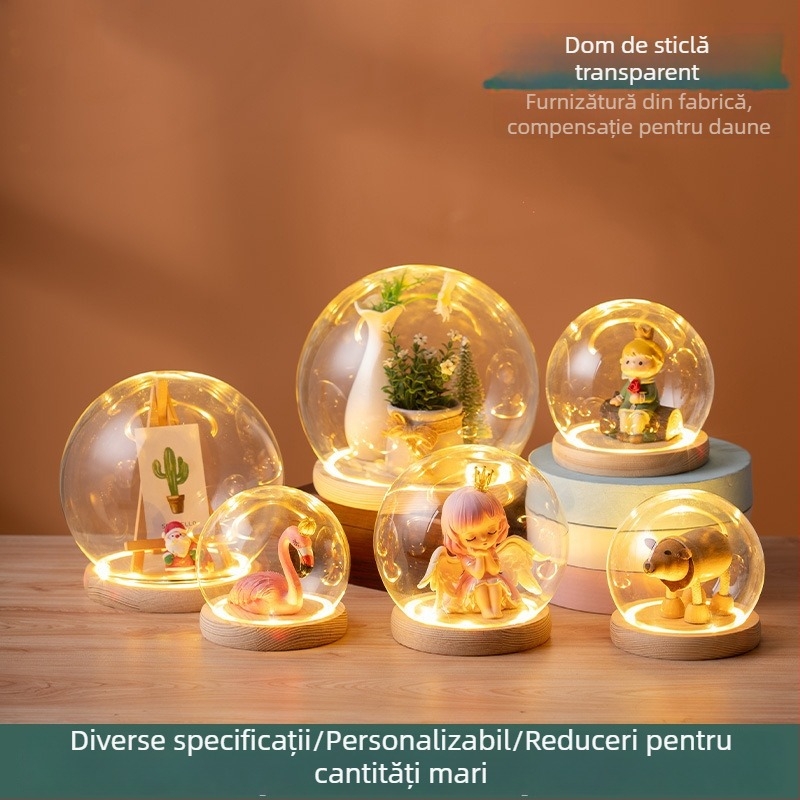 Lampa de noapte din sticlă cu cupolă sferică, floare păstrată sub bază iluminată, vitrină transparentă și protecție împotriva prafului