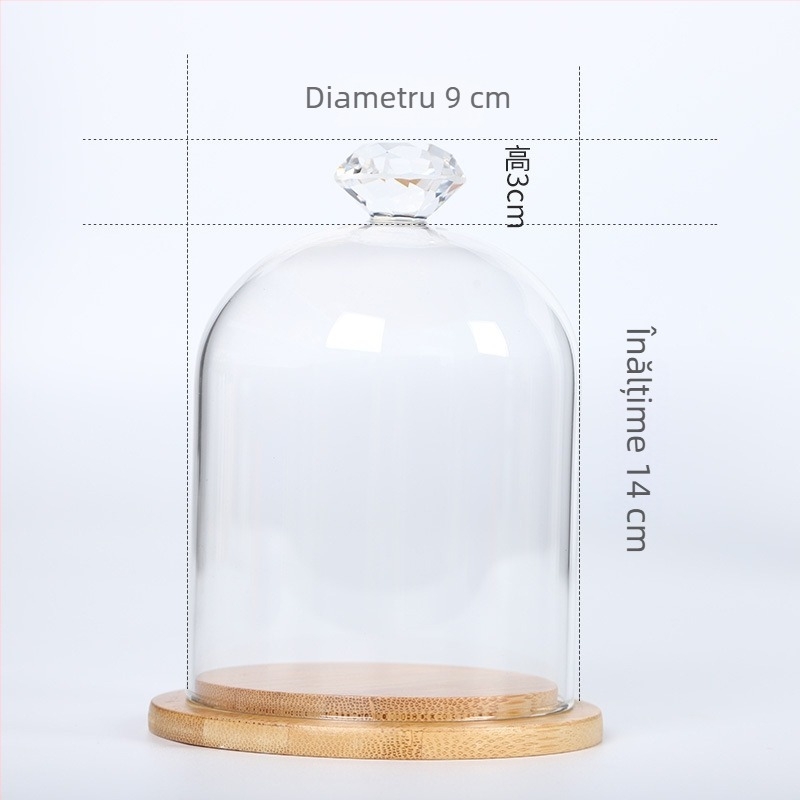 Floare conservată sub cupolă de sticlă, suport de afișare transparent, figură din lut pentru decor de birou