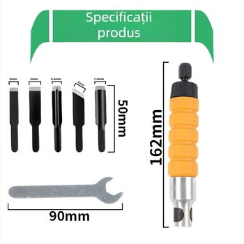 Unealtă electrică pentru prelucrarea lemnului, sculptură în rădăcini și gravură pe lemn; set de dălți și cuțit de sculptură, cu polizor de banc și polizor suspendat.