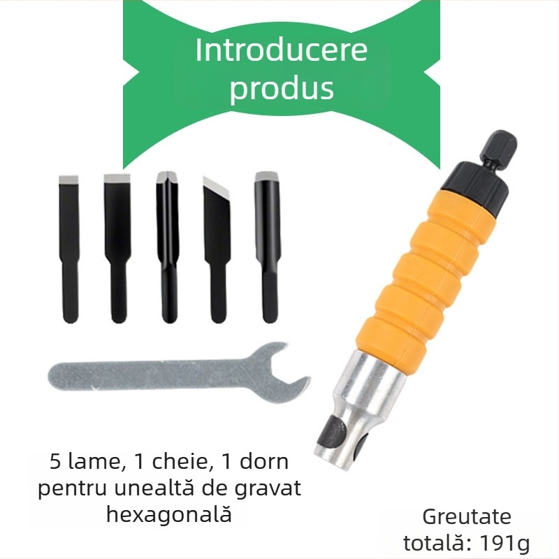 Unealtă electrică pentru prelucrarea lemnului, sculptură în rădăcini și gravură pe lemn; set de dălți și cuțit de sculptură, cu polizor de banc și polizor suspendat.