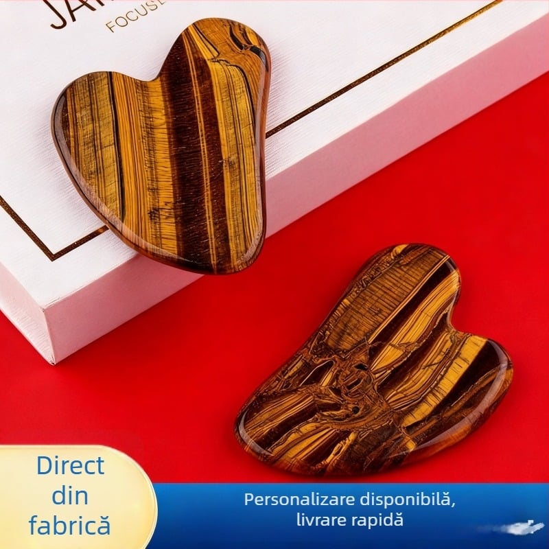 Set Gua Sha: piatră ochi de tigru, plăcuță de masaj în formă de inimă și bețiușor facial în formă de deget