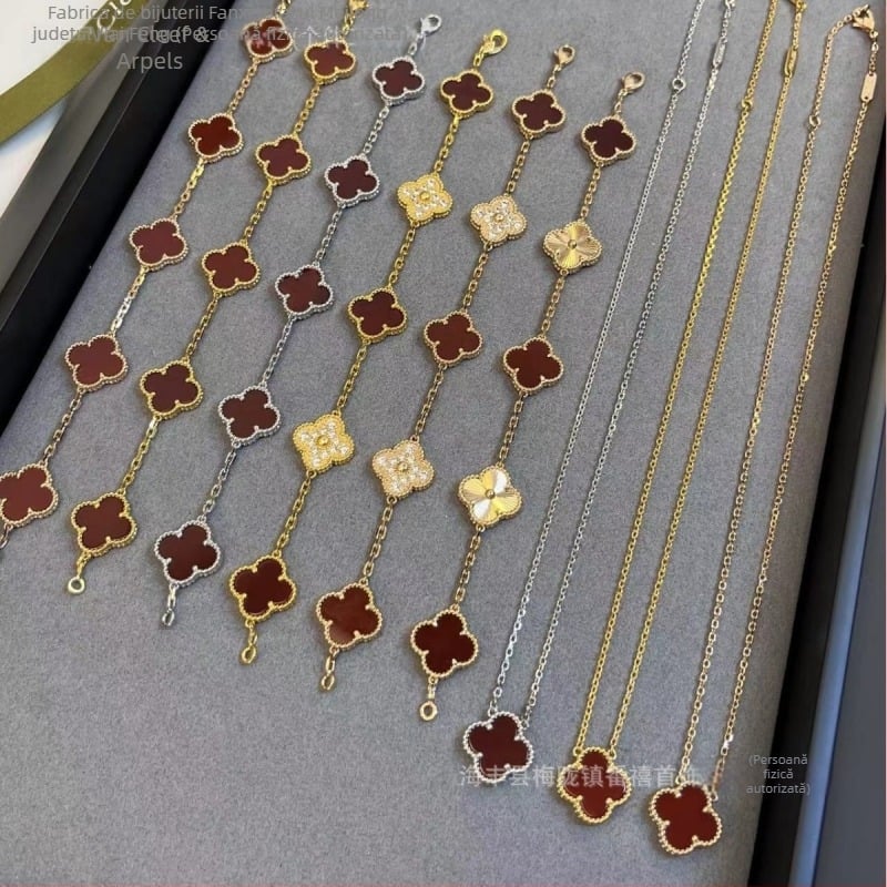 Set colier și brățară în formă de trifoi din chalcedon roșu, placare cu aur 18K, agat roșu natural, design floral