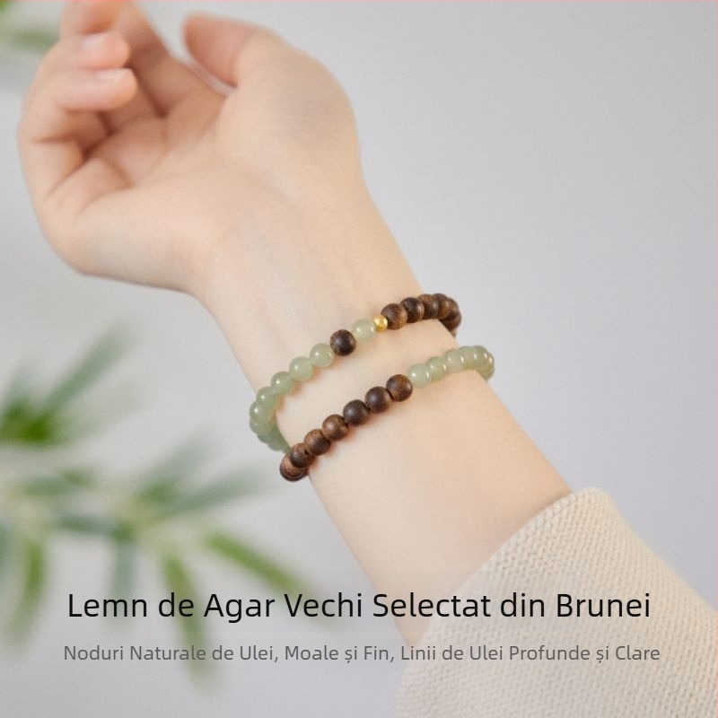 Brățară pentru femei, dublă, din jad Hetian imitativ și agarwood, lux discret, stil chinezesc retro, model nou 2025