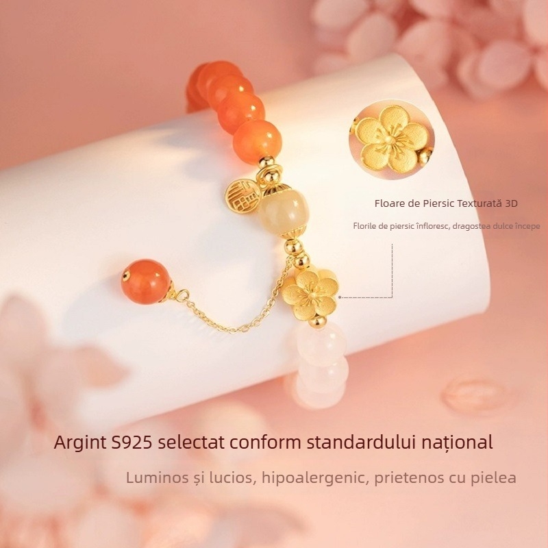 Brățară din argint Sterling cu motiv floare de piersic și jad Hetian, pentru femei, design lux lejer, 2023