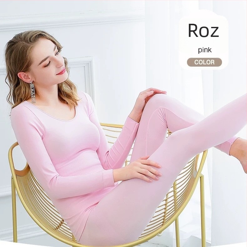 Set termic ultra-subțire pentru bază, femei – croială slim, top cu mâneci lungi și pantaloni, roz