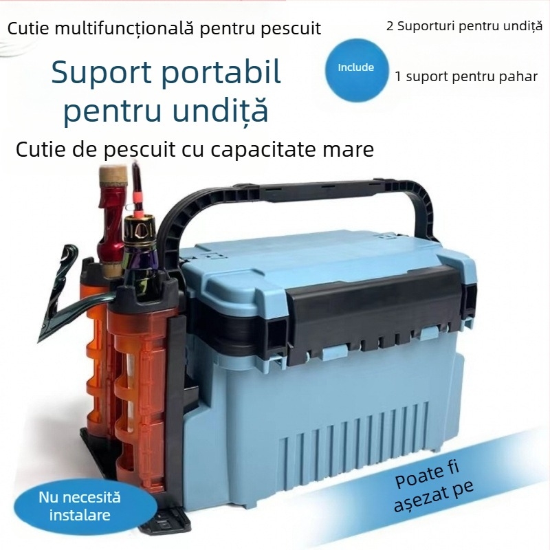 Cutie de echipament de pescuit pentru exterior, cu capacitate mare, pereți întăriți, suport pentru undițe și spațiu de depozitare multifuncțional