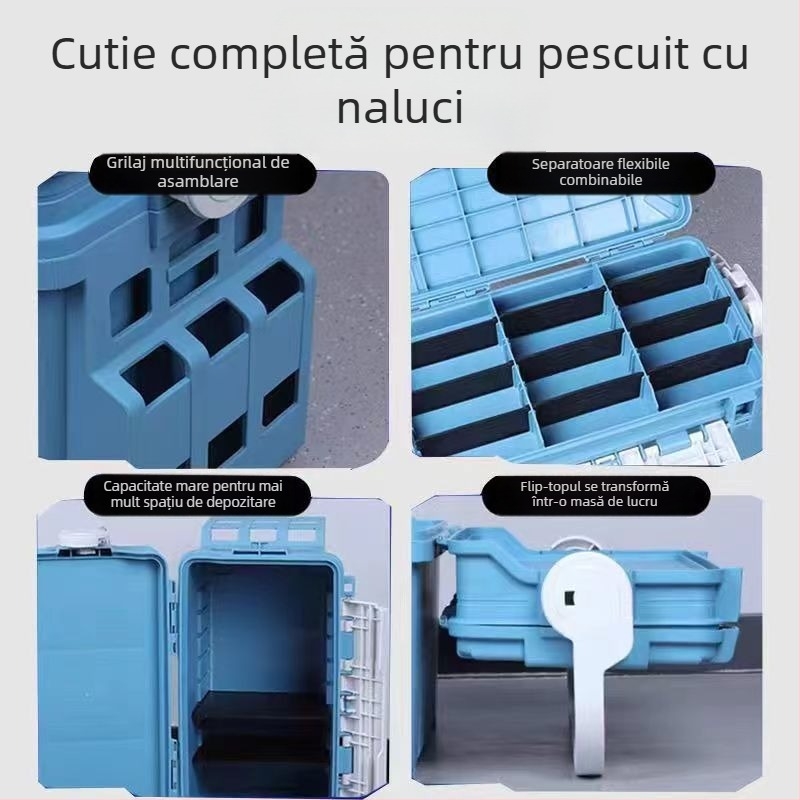Cutie de echipament de pescuit pentru exterior, cu capacitate mare, pereți întăriți, suport pentru undițe și spațiu de depozitare multifuncțional