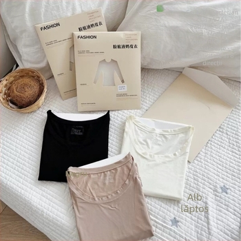 Top subțire de bază pentru femei, guler rotund, mâneci lungi, din nylon, pentru căldură