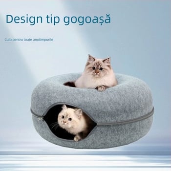 Pat pentru pisici în formă de donut, din felt, cu tunel, pentru toate anotimpurile