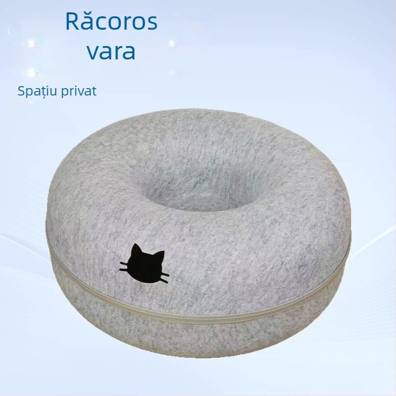 Pat pentru pisici în formă de donut, din felt, cu tunel, pentru toate anotimpurile