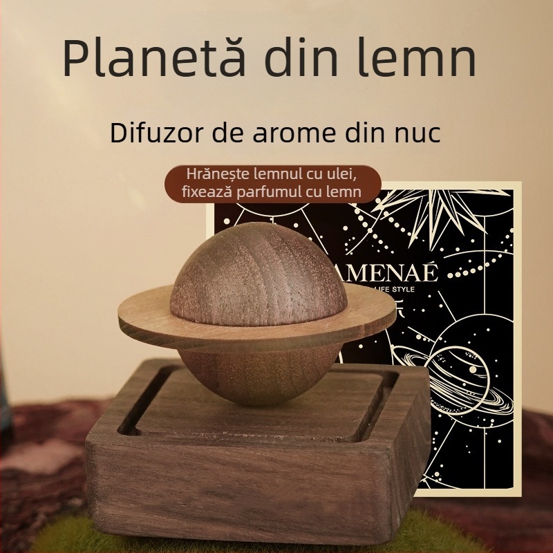 Difuzor de aromă din nuc negru în formă de planetă – fără flacără, decor din lemn pentru mașină și casă, difuzor de aromă interior creativ