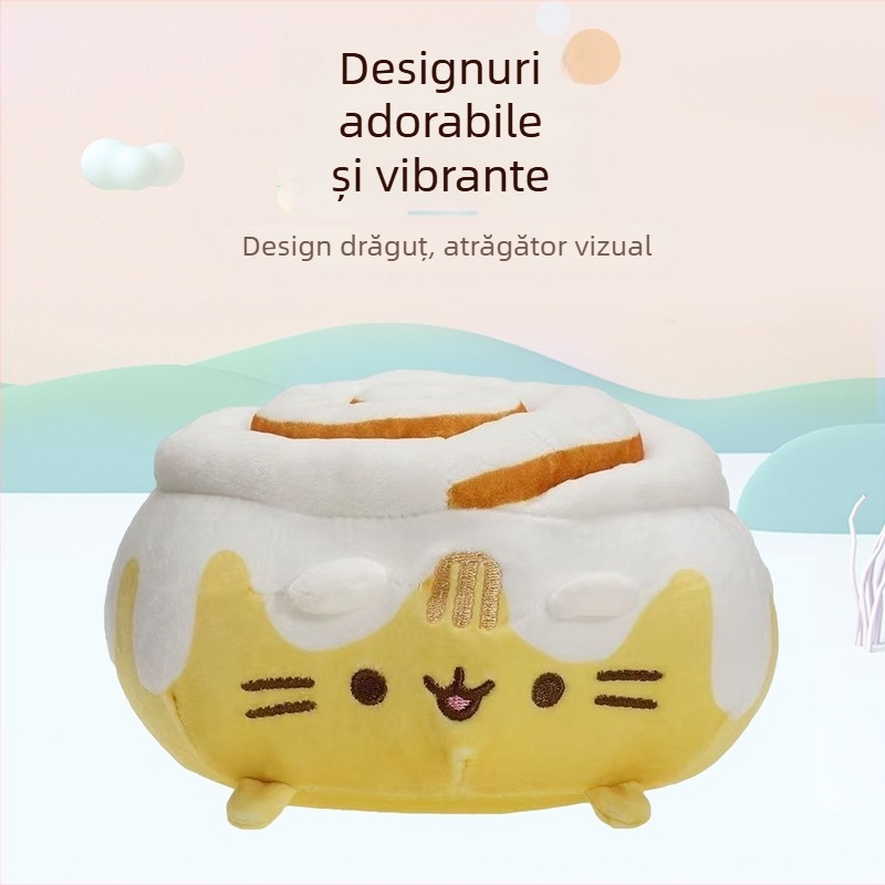 Pisică gri din pluș – jucărie de pluș cu motifuri donut, pizza și burger; design biscuit‑sandviș; păpușă pluș pentru aparat de prindere