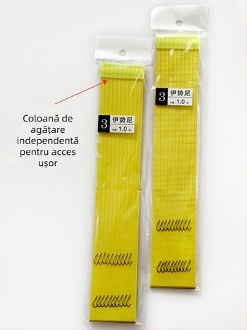 10 seturi de cârlige duble pre-legate, cu variante cu cârlige cu vârfuri și fără, cu capace aurii, stiluri Iseni și Izu, mărimi 1–7