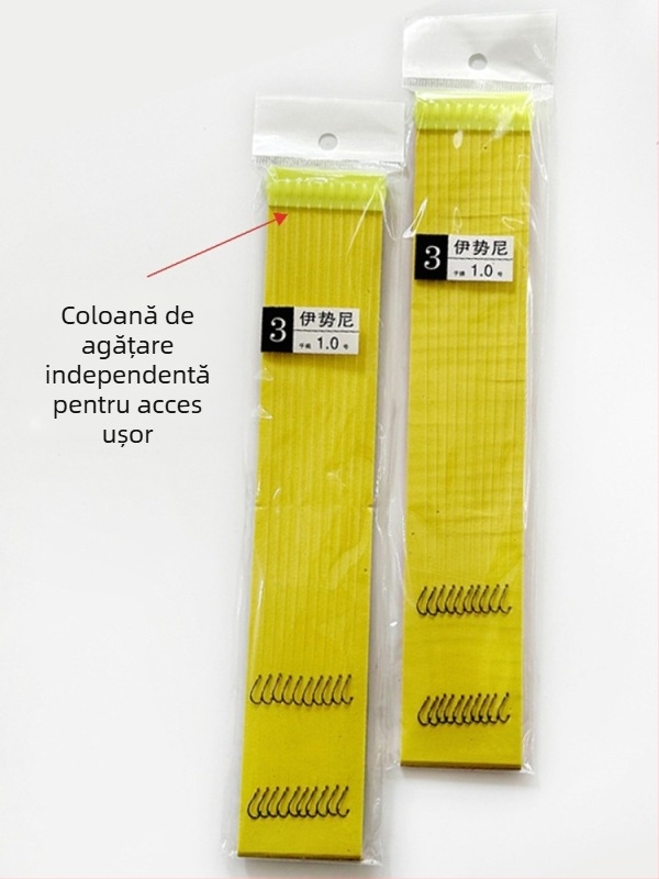 10 seturi de cârlige duble pre-legate, cu variante cu cârlige cu vârfuri și fără, cu capace aurii, stiluri Iseni și Izu, mărimi 1–7