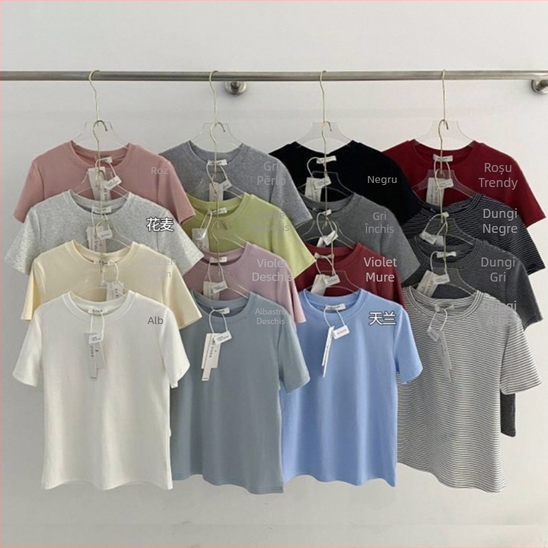 Tricou damă din bumbac Thirteen Lines R*S, decolteu rotund, mâneci scurte, croială slim, căptușeală interioară, culoare solidă, colecția primăvară-vară 2026