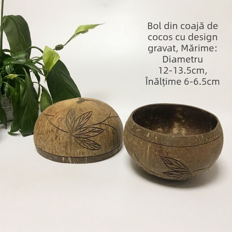 Vas sculptat din coajă de nucă de cocos cu farfurie de fructe, bol pentru salată și farfurie pentru fructe uscate; lemn de nucă de cocos, design cu cocos; logo personalizabil