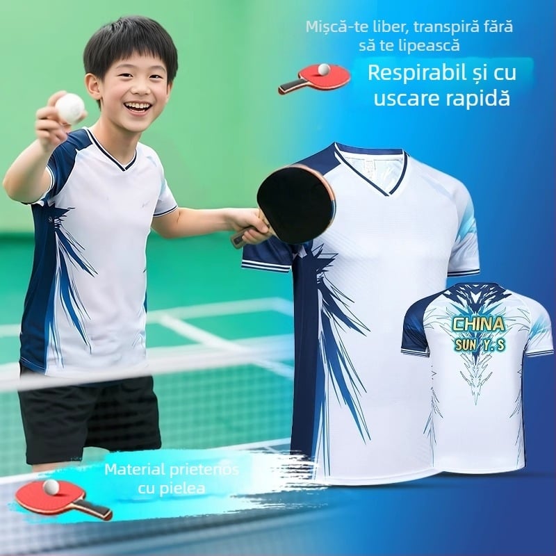 Set de uniforme pentru tenis de masă pentru copii — tricou de antrenament imprimat, haine sport cu uscare rapidă pentru băieți și fete, echipament profesionist de badminton