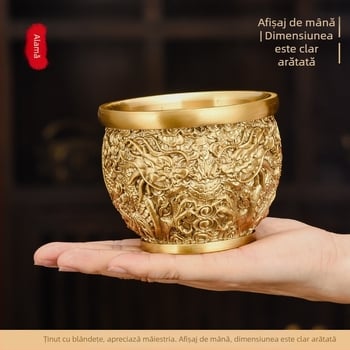 Alamă cu dragon cilindru dublu, model cu dragon și două fenixuri, vas pentru comoară pentru sufragerie sau hol, obiect decorativ metalic
