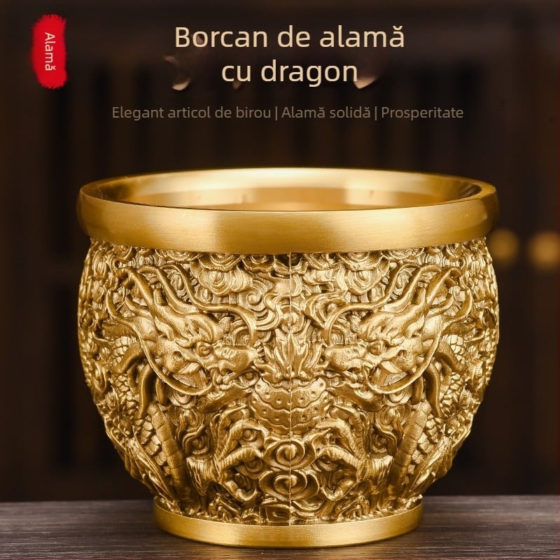 Alamă cu dragon cilindru dublu, model cu dragon și două fenixuri, vas pentru comoară pentru sufragerie sau hol, obiect decorativ metalic