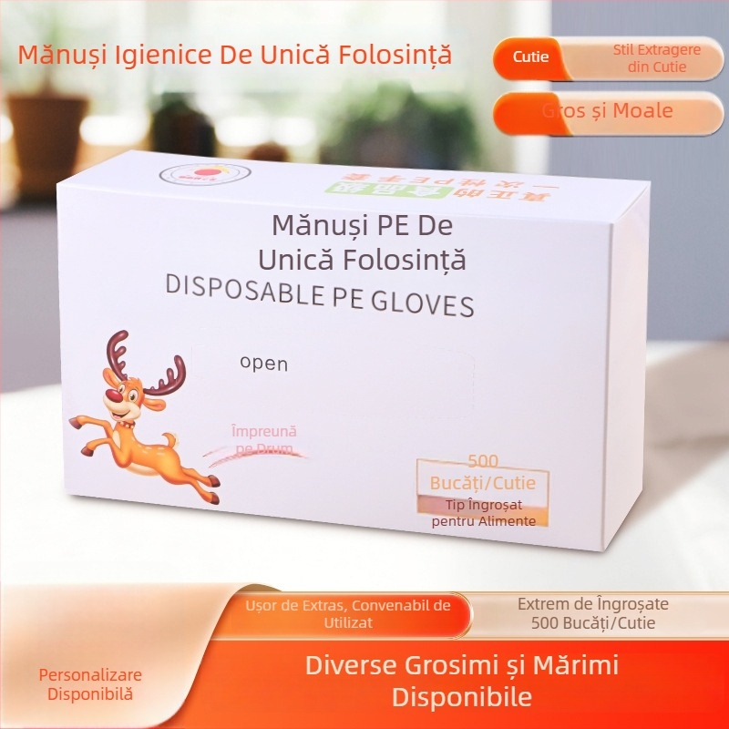 500 mănuși de unică folosință în cutie, sistem de tragere, de calitate alimentară, polietilenă groasă, transparente, pentru catering, bucătărie și gospodărie