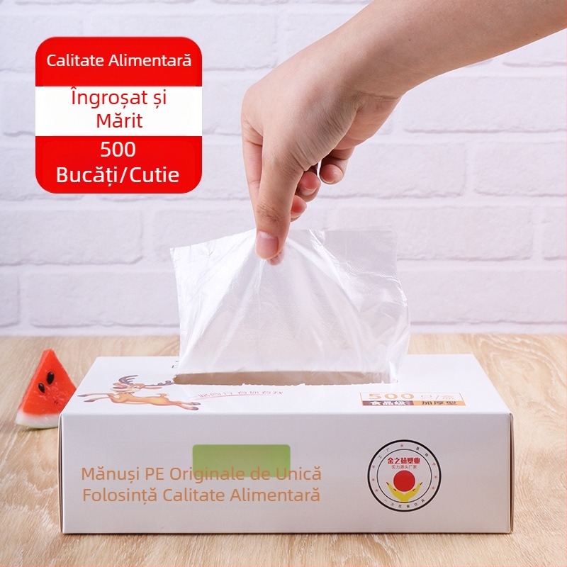 500 mănuși de unică folosință în cutie, sistem de tragere, de calitate alimentară, polietilenă groasă, transparente, pentru catering, bucătărie și gospodărie