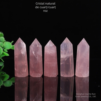 Coloană de cuarț roz, prismă hexagonală, piatră naturală, ornament lustruit