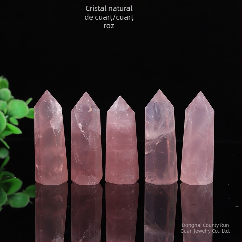 Coloană de cuarț roz, prismă hexagonală, piatră naturală, ornament lustruit