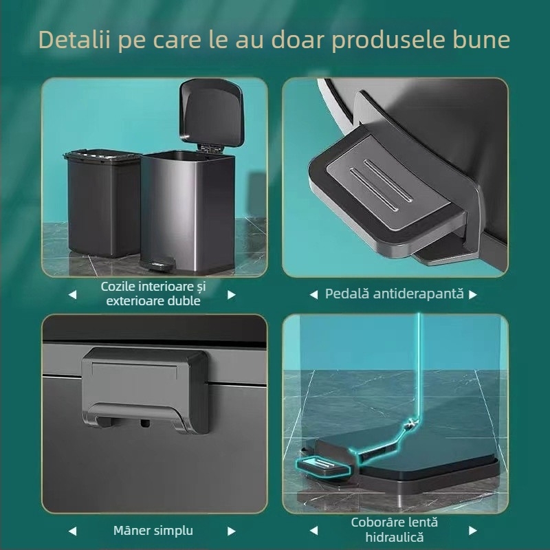 Coș de gunoi din oțel inoxidabil, pătrat, cu pedale, capac, culoare Moonlight argintiu, 12 L