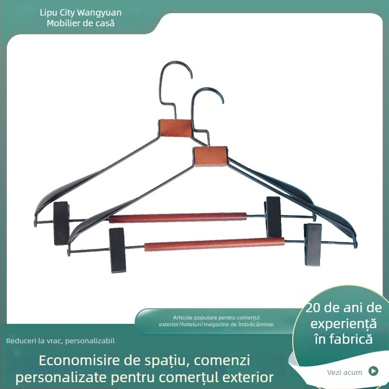 Umeraș pentru haine cu umeri late, structură metal-lemn cu acoperire din plastic, fără cusături, PVC anti-derapant pentru haine și pantaloni