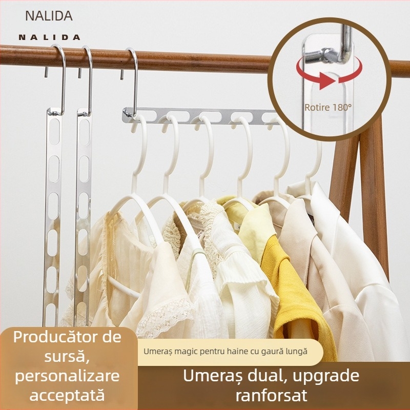 Umeraș metalic rotativ, cu design pliabil și spații de depozitare alungite