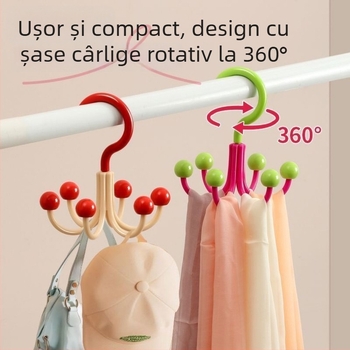Cuier cu 6 gheare, rotativ la 360°, pentru haine, pălării și genți