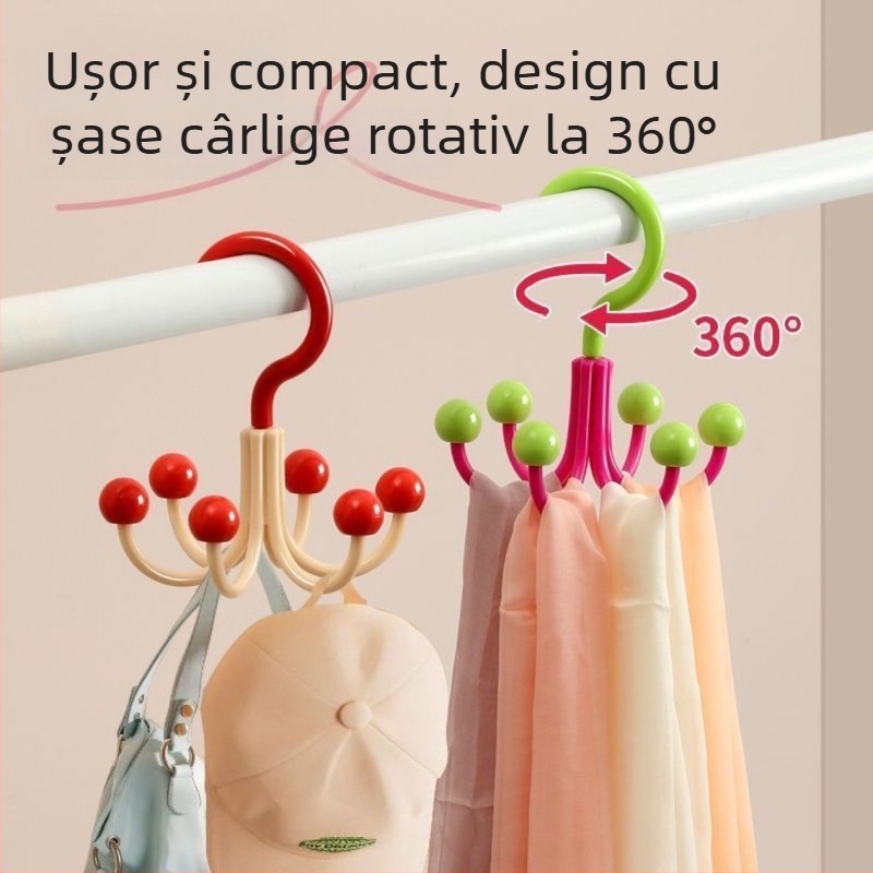 Cuier cu 6 gheare, rotativ la 360°, pentru haine, pălării și genți