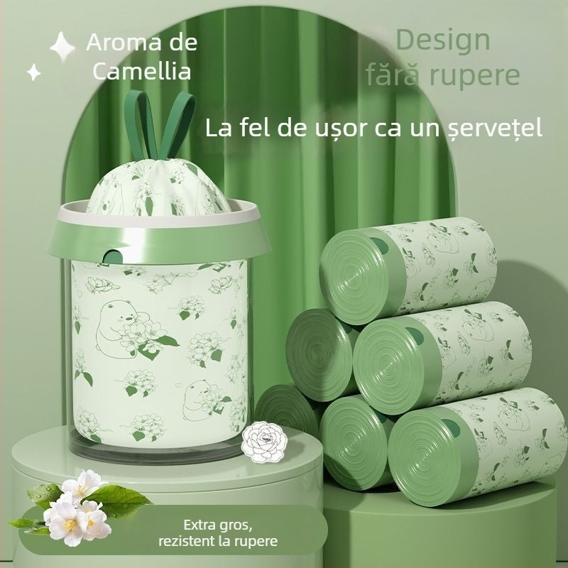 Camellia Saci de gunoi imprimați, extra groși, cu șnur, saci de depozitare, set de produse de curățare pentru uz casnic