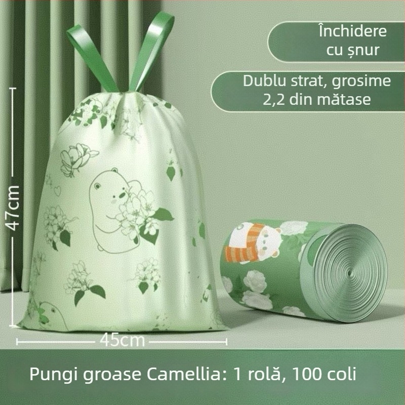 Camellia Saci de gunoi imprimați, extra groși, cu șnur, saci de depozitare, set de produse de curățare pentru uz casnic